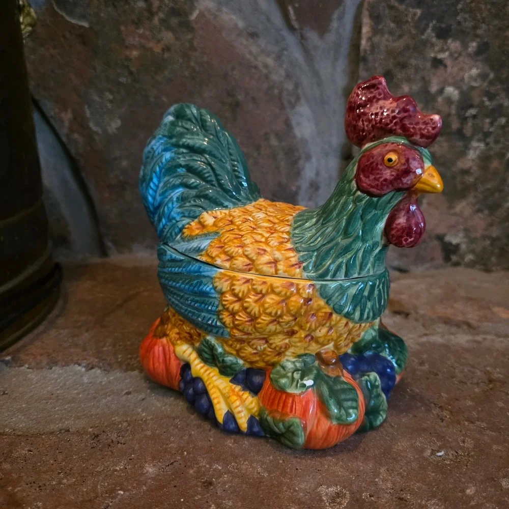 Vtg Ceramic Rooster Tureen Covered Dish Harvest Pumpkin Thanksgiving Farmhouse